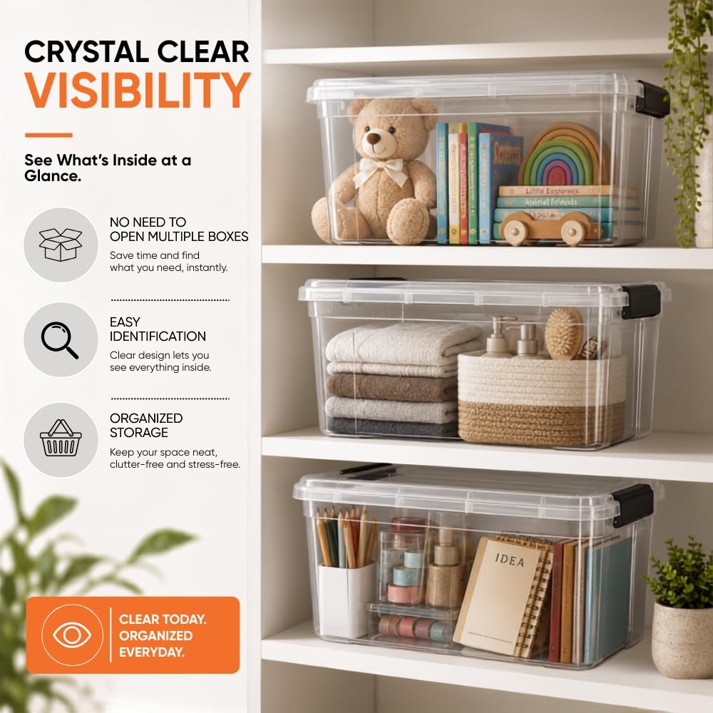 Superio Deep Storage Organizer Bin with Lid X-Deep Small Clear Storage Box with Latch for Home