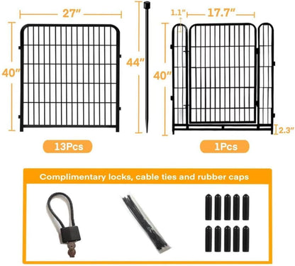 Animal Barrier Fence, 40 in(H)×27 in(L) 14 Panels Total 31 Ft(L), Garden Fence with Gate, Flower Bed Fencing, Black Metal Decorative Garden Fencing, Fence for Dogs Outside