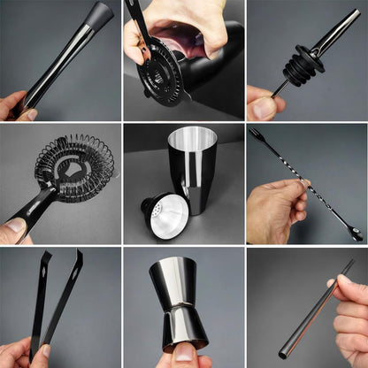 14-Piece Cocktail Shaker Set Bartender Kit with Black Stand, Bar Tool Set for Drink Mixing Bartending Kit Bar Sets Accessories: 750ml(25oz) Shaker, Jigger, Muddler, Cocktail Recipes (Black)