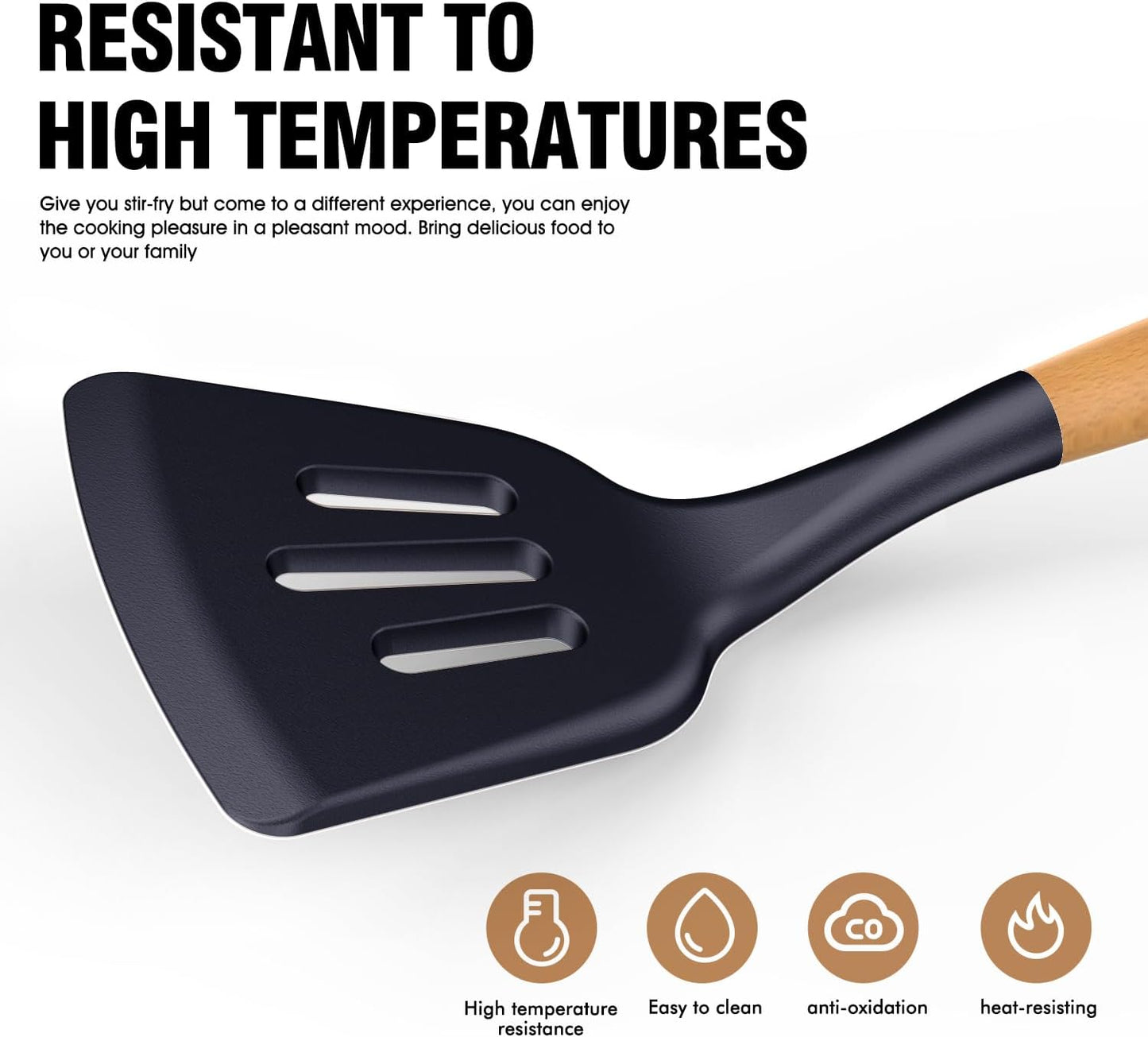 Silicone Cooking Utensils Set - Silicone Kitchen Utensils for Cooking Wooden Handles, 446°F Heat Resistant Kitchen Utensil Spatula Sets w Holder, Gadgets for Non-Stick Cookware BPA FREE (Navy Blue)