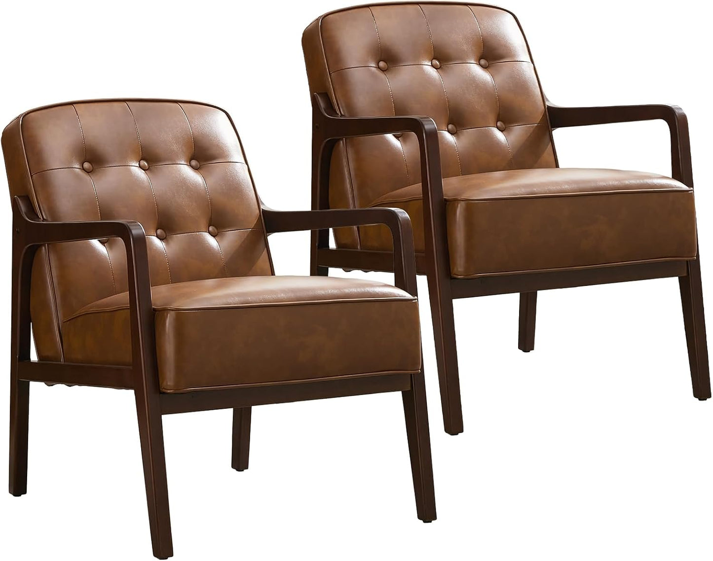 Faux Leather Accent Chair Set of 2, Mid Century Chair for Living Room, Upholstered Comfy Lounge Armchair with Solid Wood Frame, Modern Chair for Bedroom,105°Ergonomic Comfort, Brown
