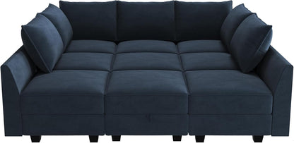 HONBAY Sectional Sleeper Sofa Velvet Sectional Sleeper Couch with Storage Modular Sleeper Sectional Sofa Couch for Living Room,Dark Blue