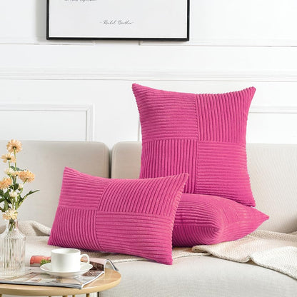 Fancy Homi 2 Packs Hot Pink Euro Decorative Throw Pillow Covers 26x26 Inch for Couch Bed Sofa, Rustic Farmhouse Boho Home Decor, Soft Corss Corduroy Patchwork Textured Square Cushion Case 66x66 cm
