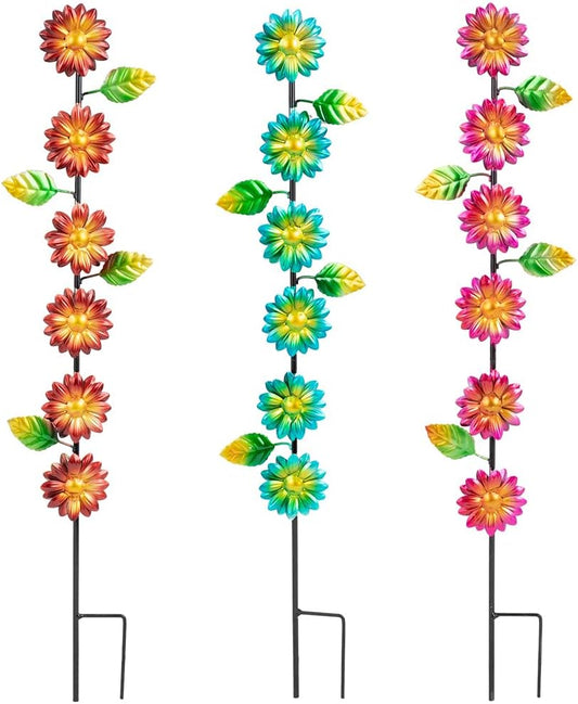 3Pack Flowers Decorative Garden Stakes,Spring Outdoor Metal Flowers Decorations,Metal Yard Art for Outside Patio Porch Decor（22.6 * 5.1IN）