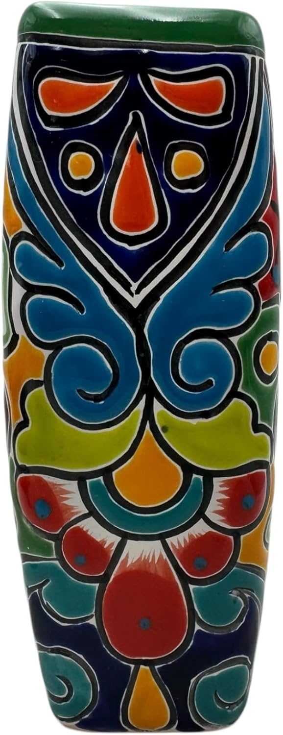 Talavera Planter Pot Square Vase Folk Art Mexican Pottery Handmade Hand Painted Home Decor Indoor Multicolor Outdoor 9.25" (Multi 12)