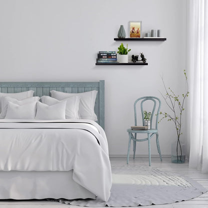 Meangood Floating Shelves Black 17 inch Wall Mounted Natural Bamboo Wood Wall Storage Shelves for Bedroom,Living Room,Bathroom, Kitchen（Set of 2）