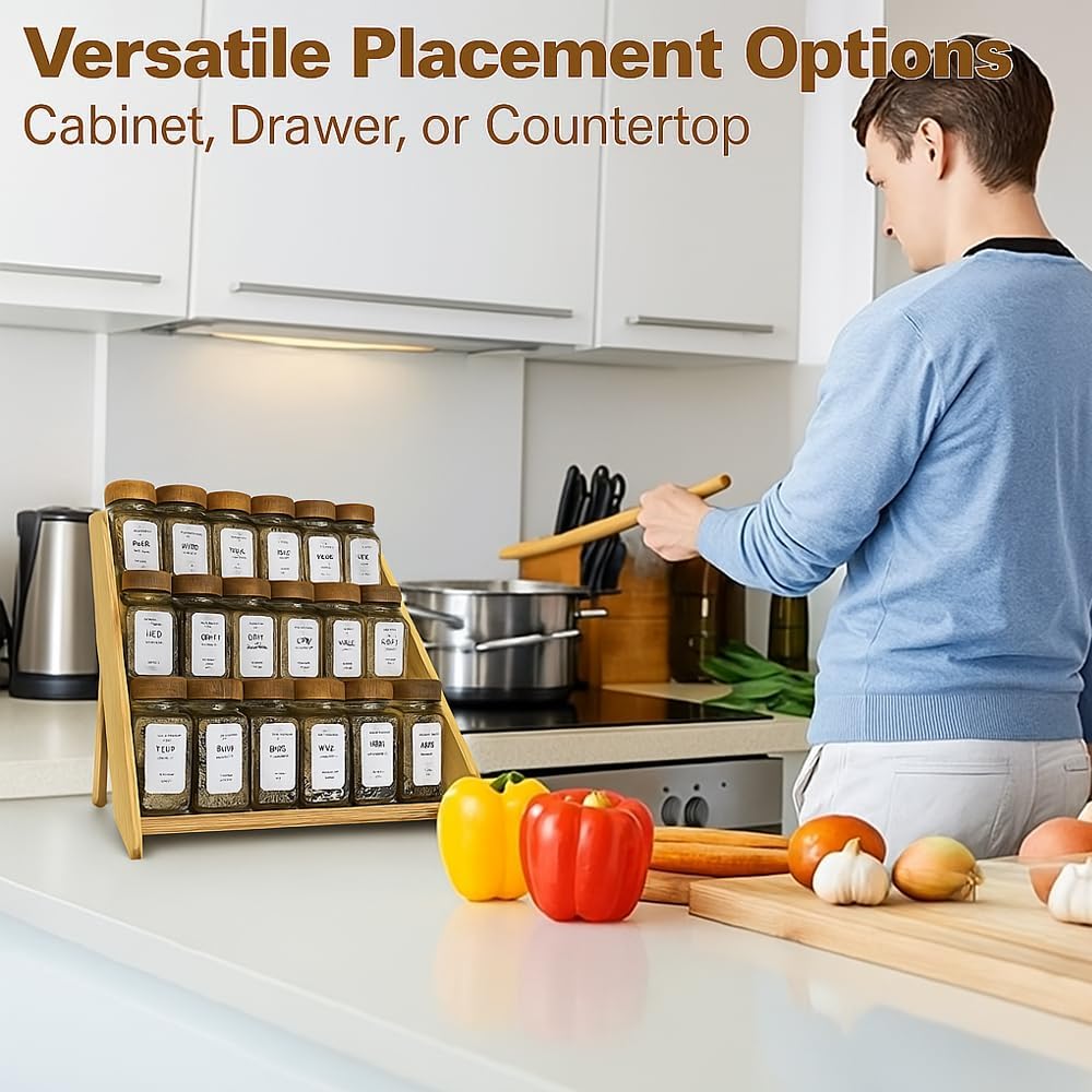 Bamboo Spice Rack Organizer - 3 Tier Foldable Wooden Spice Rack for Countertop, Cabinet & Drawer- Organic Bamboo-Extra Sturdy Wooden Spice Shelf, No Spice Jars Included