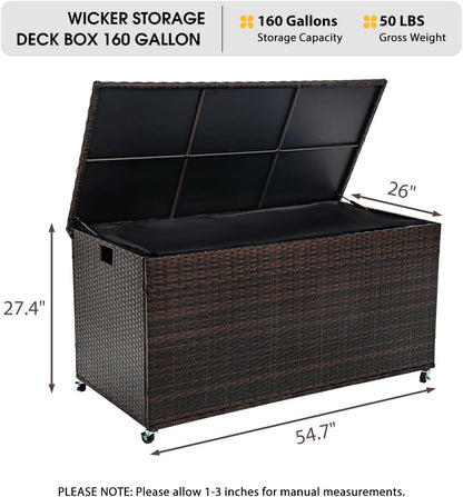 Outdoor 170 Gallon Water-Resistant Wicker Storage Box with Wheels, PE Rattan Deck Box with Waterproof Liner for Outside, Patio Storage Container with Hinged Lid, Horizontal Bin, Brown