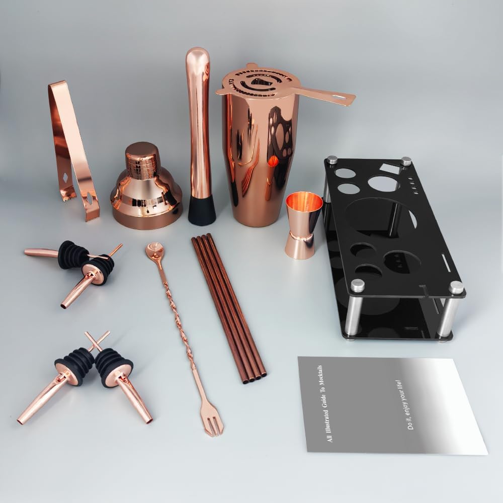 14-Piece Cocktail Shaker Set Bartender Kit with Black Stand, Bar Tool Set for Drink Mixing Bartending Kit Bar Sets Accessories: 750ml(25oz) Shaker, Jigger, Muddler, Cocktail Recipes (Rose Gold)