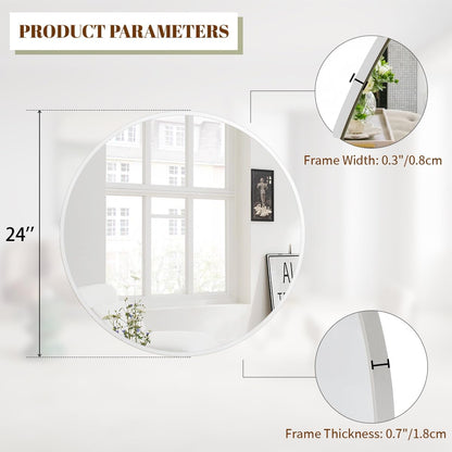 BEAUTYPEAK 24 Inch Round Mirror, Metal Frame Circle Mirror, Wall Mounted for Entryway, Bathroom, Vanity, Living Room, White