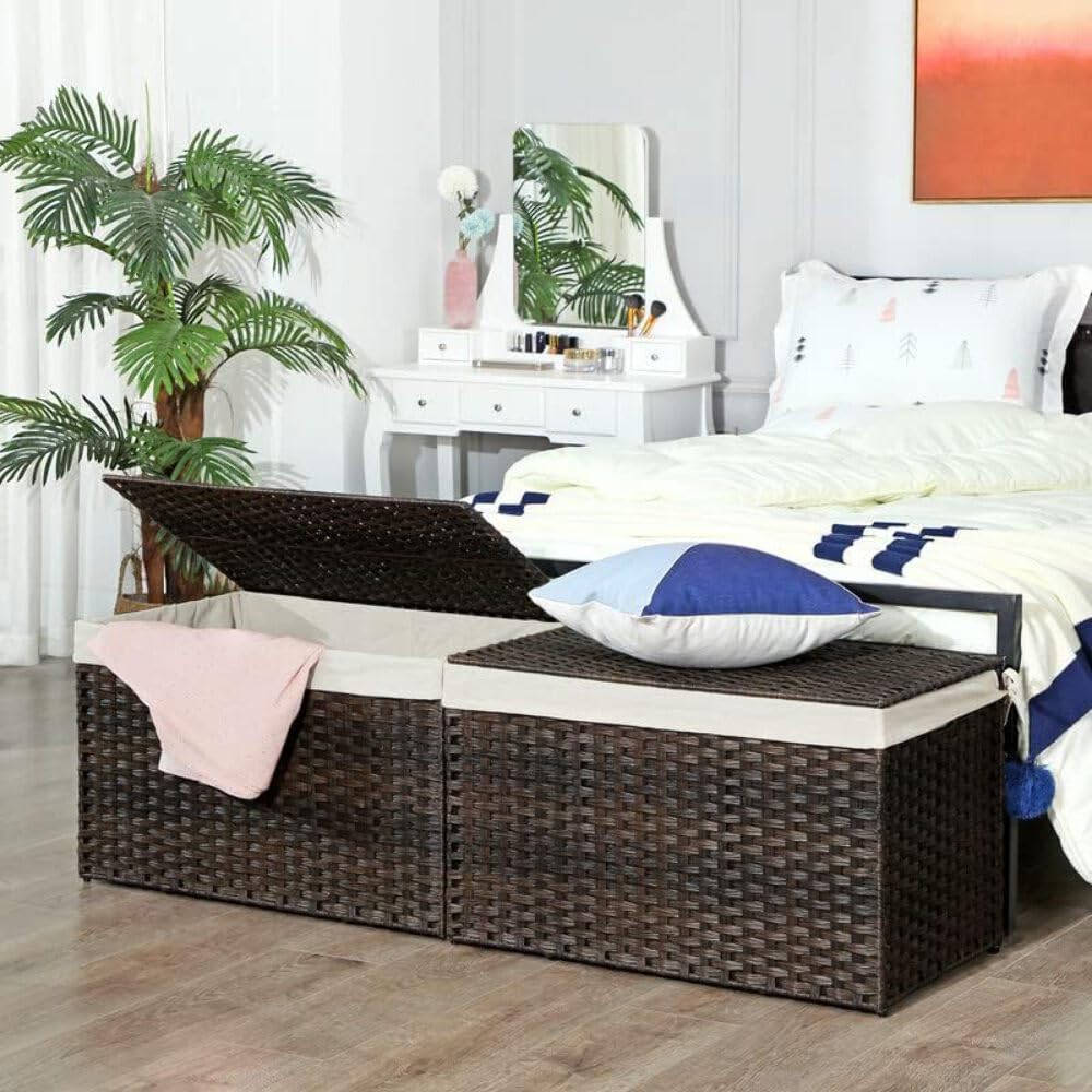 SONGMICS Storage Basket with Lid, Woven Blanket Storage Bin with Handles, Foldable, Removable
