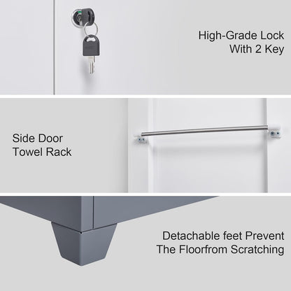 Locking Cabinet,Metal Storage Cabinet with Doors and Shelves,Broom Closet Storage Cabinets for Bedroom,Home Office,Grey-White