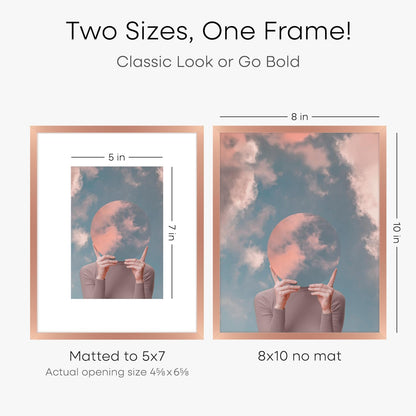 Homeforia Rose Gold 8x10 Picture Frame, High End Metal 8 x 10 Poster Frames with Mat 5 by 7 Print, 10x8 Thin Frame Matted to 7x5 Photo, 8by10 Wall or Tabletop Frame, Tempered Glass, Wall Kit, Set of 1