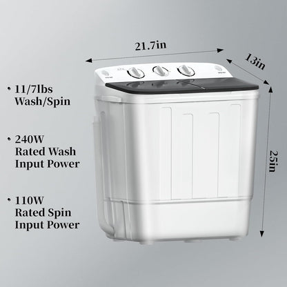 Portable Mini Twin Tub 18lbs Washing Machine With Drying Rack& 10 Hangers, 11lbs Washer & 7lbs Spinner, Small Laundry Washer with Time Control for Camping, Apartments, RV (18lbsBlack)