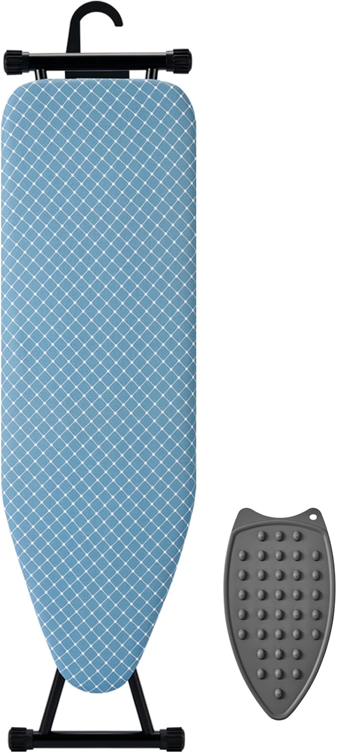 Compact Ironing Board 13 x 43, Iron Board with Heat Resistant Surface, Adjustable Height, Space Saving Table with Hook & Iron Rest for Home & Laundry Room, Diagonal Checkered Blue
