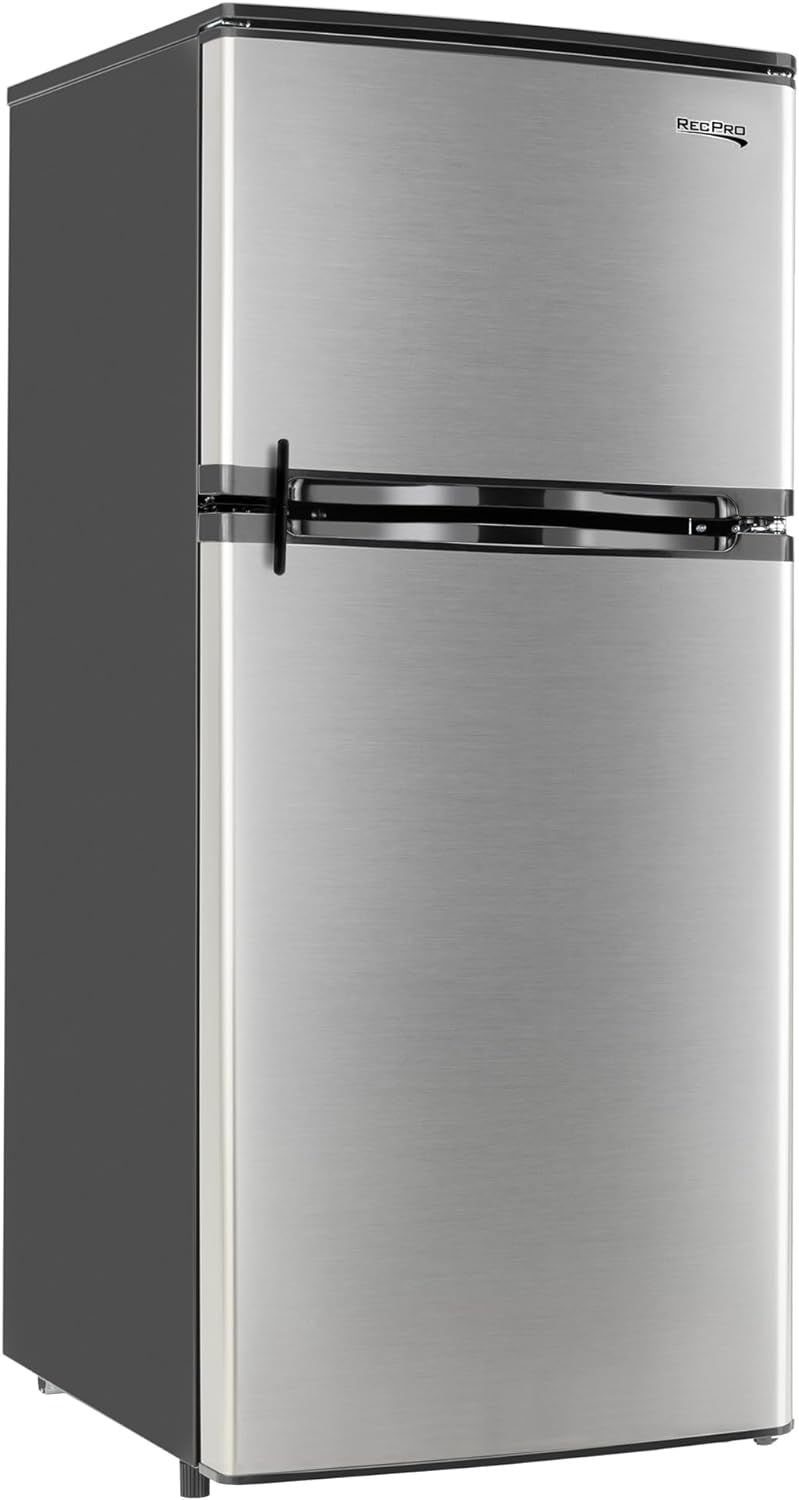 RecPro 4.4 Cu Ft RV Refrigerator | 12V Stainless Steel Fridge with Freezer | Frost-Free, Adjustable Shelves, Built-In Lock, Reversible Door | Off-Grid Ready Camper Fridge with Can Holder