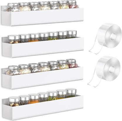 PMMASTO Adhesive Acrylic Spice Rack Organizer for Wall with Nano Double Sided Tape, Spice Shelf Organization for Kitchen Cabinet Door/Pantry Door, Wall Mount Seasoning Rack (White - 4 Pack)