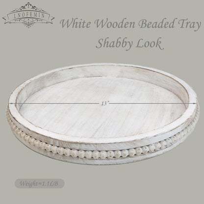 Round Wood Serving Tray with Beads, White Washed Wooden Decorative Tray for Entertaining, Decoration, and Gifting