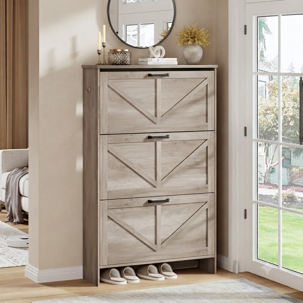 Nicetree Farmhouse Gray Shoe Cabinet – Ultra Slim 3-Drawer Flip Organizer with Shaker Barn Door