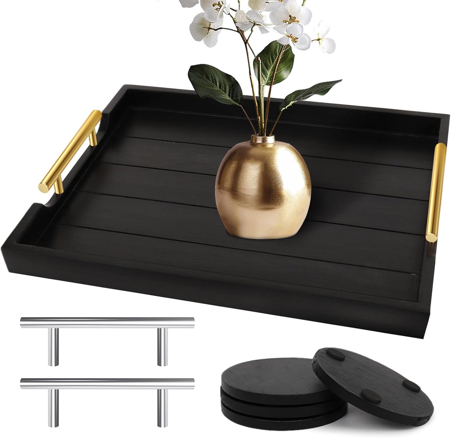 Coffee Table Trays - Large Ottoman Tray for Living Room - Wood Serving Trays with Handles(2 Sets) - Wooden Tray for Coffee Table, 4 Round Coasters Included, Black