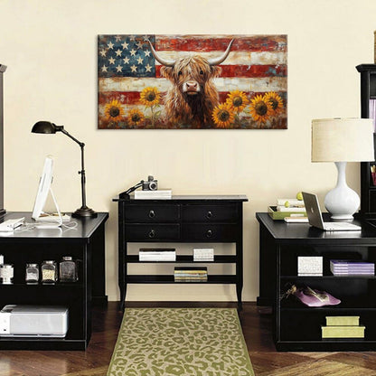 LASMOND Country Highland Cow Wall Art for Living Room Rustic Retro Vintage American Flag Sunflower Canvas Painting Prints Highland Cattle Artwork Farmhouse Bedroom Office Decor (40x20 Inches)