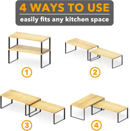 SpaceAid Cabinet Shelf Organizers 2 Pack, Kitchen Counter Rack Shelves Riser, Stackable Expandable Spice Rack, Pantry Cupboard Storage Organization (Black and Natural, Long)