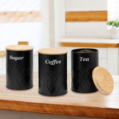 Black Canister Sets for Kitchen Counter,Tea coffee canisters,sugar container,3 Canisters,900ML/30.43OZ