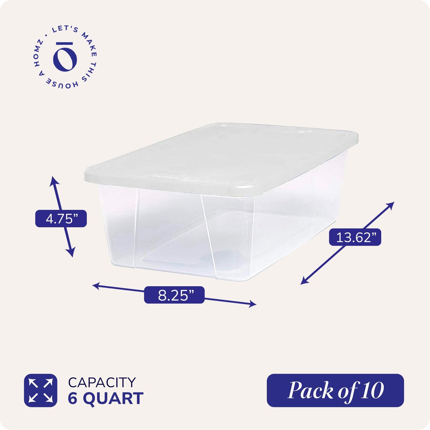 HOMZ Clear Plastic Storage Bins w/Snaplock Lids, 6 Qt, White, 10 Pack