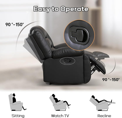 EBELLO Faux Leather Manual Recliner Chair, Single Reclining Sofa Chair Couch with 2 Concealed Cup Holders, Overstuffed Armrest Backrest for Living Room, Bedroom, Meeting Room, Black