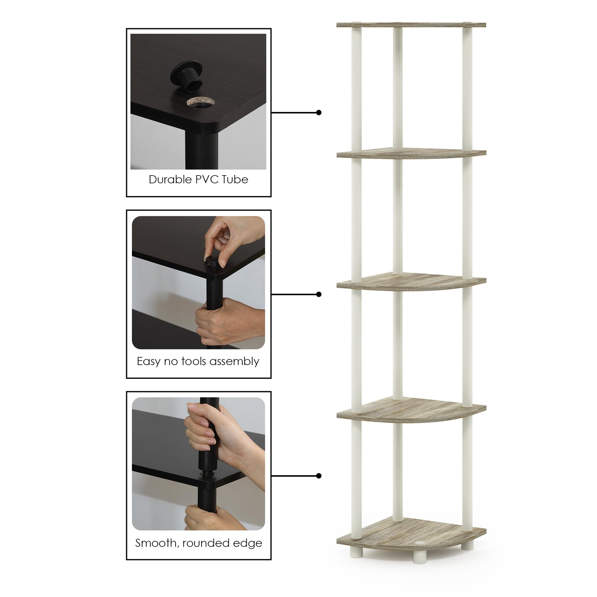 Furinno TURN-N-TUBE Corner Shelf, 5-Tier Corner Bookshelf, Open Storage Shelves, for Organization