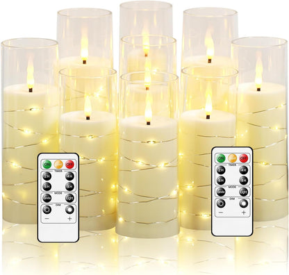 Flickering Flameless LED Candles,Battery Operated Candles 9 Pcs with Embedded Star String,Acrylic LED Pillar Candles with Remote,Suitable for Home Decoration to Create an Atmosphere (Ivory)
