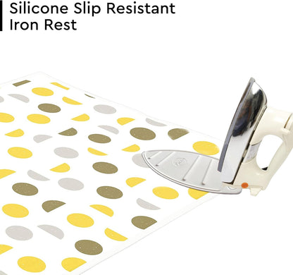 Encasa XO Ironing Mat/Pad (Large 48"x28") with 3mm Padding & Silicone Iron Rest for Steam Pressing on Tabletop or Bed - Heat Resistant, Portable, Quilting & Travel Blanket - Yellow Moon