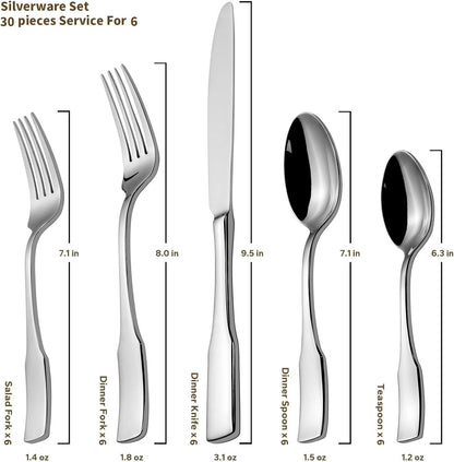 Alata Kate 30-Piece Silverware Set Stainless Steel Flatware Set,Service for 6,Mirror Polished Cutlery Set,Dishwasher Safe
