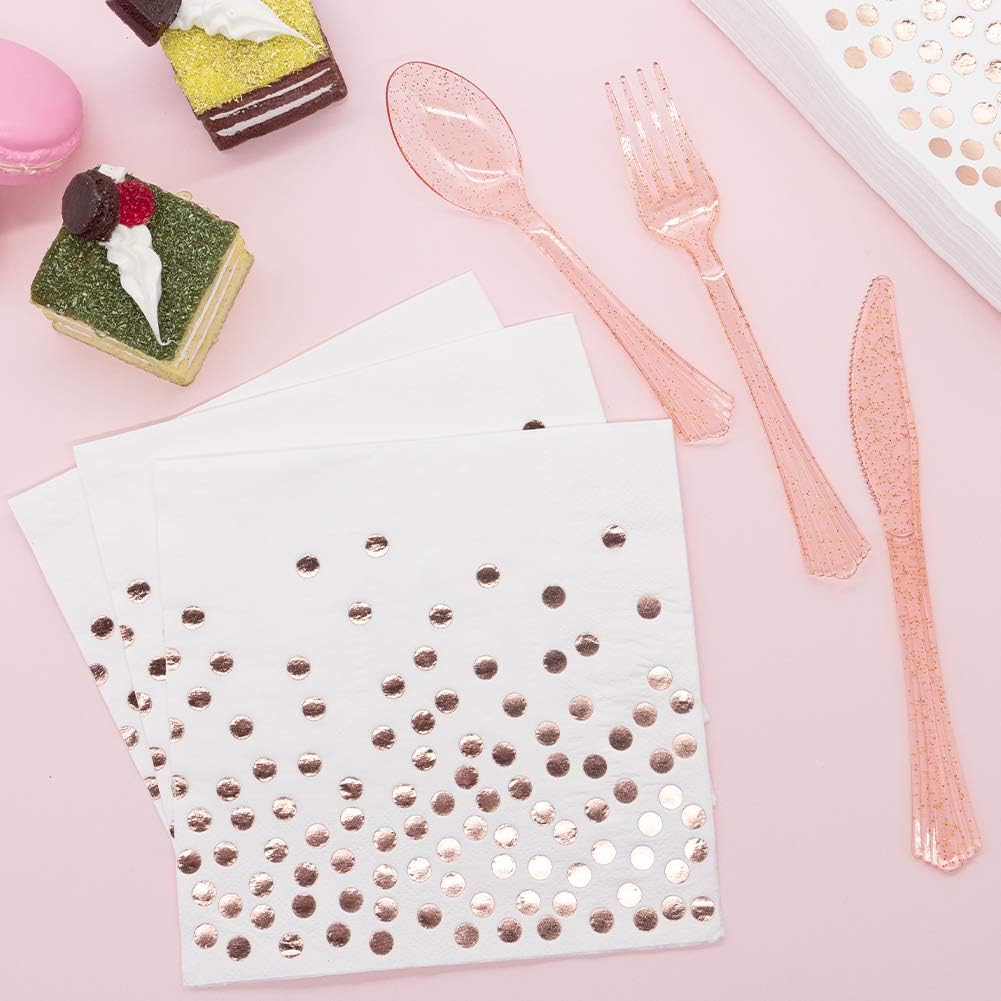 White & Rose Gold Party Supplies - 350 PCS Disposable Dinnerware Set with Paper Plates Napkins Cups, Plastic Forks Knives Spoon for Women Girls Birthday Graduation Bridal Shower Engagement Wedding