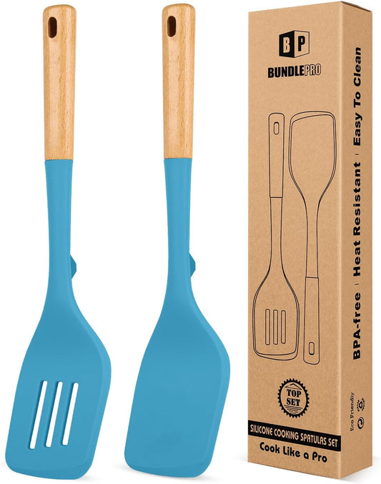 Pack of 2 Large Silicone Spatula, Heat Resistant Solid Turner, Non Stick Slotted Spatulas with