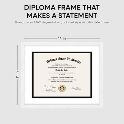 Homeforia 11x14 White Diploma Frame, High End Black Oak 11 x 14 Certificate Wood Frames with Mat 8.5x11, 14x11 Wooden Document Matted Frame, Award Graduation Frames, Tempered Glass, Wall Kit, Set of 1