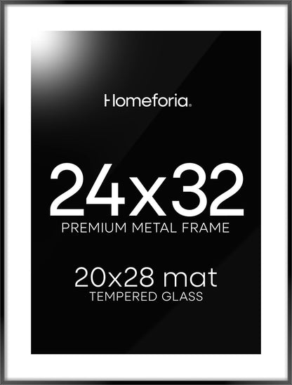 Homeforia 24x32 Poster Frame Black, High End Metal 24 x 32 Large Picture Frames with Mat 20 x 28 for Photo, 24x32 Thin Frame Matted to 20x28 inch Print, 32x24 Frame, Tempered Glass, Wall Kit, Set of 1
