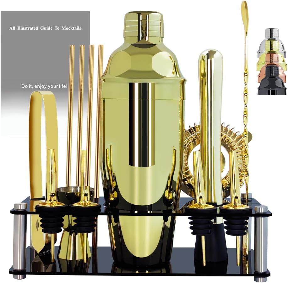 14-Piece Cocktail Shaker Set Bartender Kit with Black Stand, Bar Tool Set for Drink Mixing Bartending Kit Bar Sets Accessories: 750ml(25oz) Shaker, Jigger, Muddler, Cocktail Recipes (Gold)