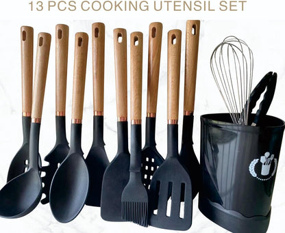 13-Piece silicone utensil set wood handle nonstick cookware safe dishwasher safe kitchen tools BPA free heat resistant (450°F/230°C) ceramic pan safe cooking gifts housewarming (Black)
