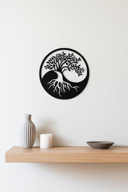 SHIMANY Black Metal Wall Art - Yin&Yang Tree Of Life Hanging Wall Sculpture for Living Room, Bedroom, Entryway, or Meditation Space