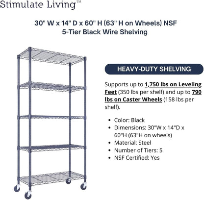 30"x14"x60" PRIME HEAVY DUTY Black 5-Tier Wire Shelving 1,750 LBS MAX Capacity Storage Rack for Commercial, School, Home, Garage, Warehouse, Industrial, and Hospital Uses (with Wheels)