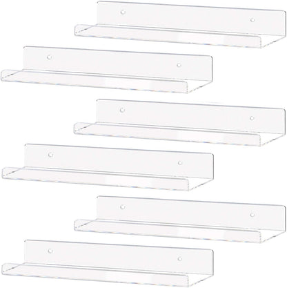 Weiai Clear Acrylic Shelf 15" Invisible Floating Wall Ledge Bookshelf, Kids Book Display Shelves Wall Mounted (15 Inch 6Pack)