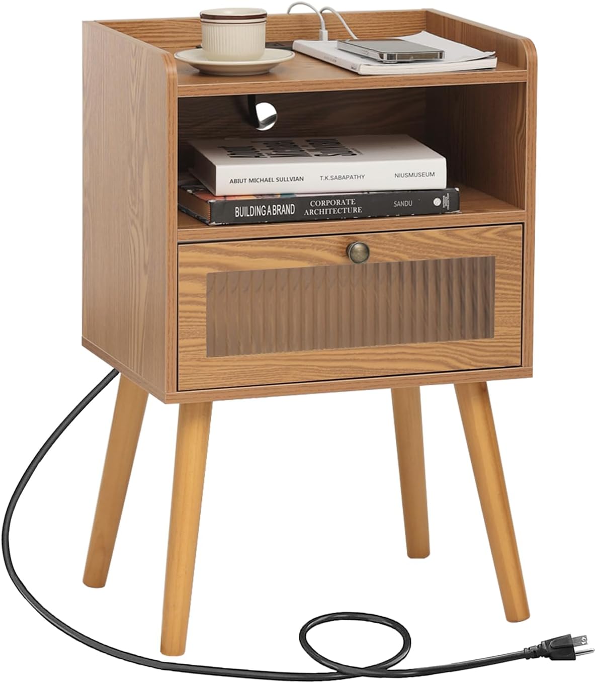 AWASEN Mid Century Nightstand with Charging Station, Modern Bedside Table with Glass Decorative Drawer, Small End Side Table with 2 Tiers Storage for Bedroom, Office and Small Space(Brown)