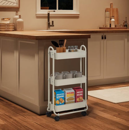 SunnyPoint Slim Rolling Storage Cart, 3 Tier Bathroom Storage Organizer Bathroom, Laundry Utility Cart (White)