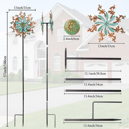 Viveta Wind Spinners Outdoor, Metal Wind Sculptures for Yard and Garden,13 * 57 "Double Windmill with Stable Stake