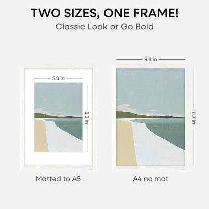 Homeforia A4 Picture Frame White Wood, High-End Oak 8.3 x 11.7 White Poster Frames Matted to 5.8 by 8.3 Photo, 8.3x11.7 Size Wooden Frame with Mat for 5.8x8.3 Print, Tempered Glass, Wall Kit, Set of 1