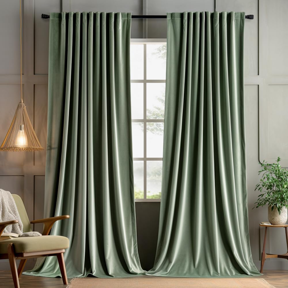 MIULEE Sage Green Velvet Curtains 108 inches 2 Panels - Pinch Pleated Luxury Room Darkening Window Drapes for Bedroom Living Room Thermal Insulated Super Soft Blackout Extra Long, Back Tab Rod Pocket