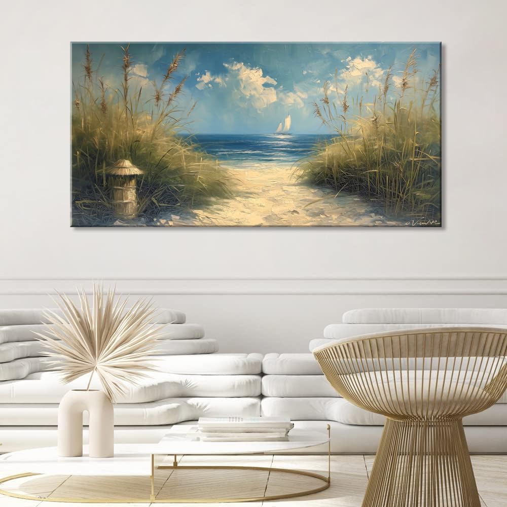 LASMOND Beautiful White Sandy Beach by Seaside Landscape Wall Art Decor Artwork for Bedroom Living Room (48x24 Inches)