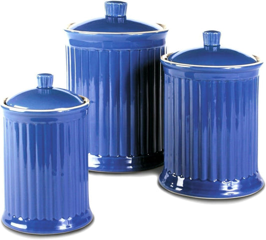 Omniware Simsbury 3-Piece Canister Set - Ceramic Storage Jars with Airtight Lids, Lead-Free Glaze, Dishwasher Safe - Vintage-Inspired Kitchen Containers for Flour, Sugar, Coffee (Simply Blue)