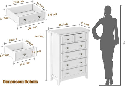 BLANKSPACE White Farmhouse Dresser, 6 Chest Drawer Dresser for Bedroom, Large Capacity Nightstand, Modern Tall Wood Cabinet for Bedroom, Living Room, Closets, Hallway